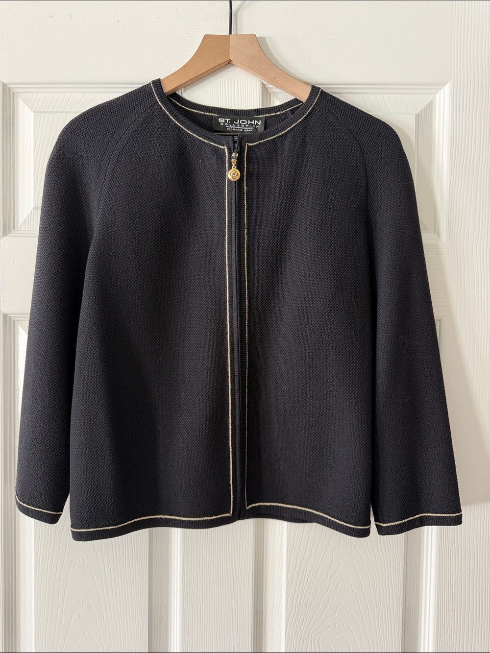 Vintage St. John Black Knit Cardigan Jacket with Gold Trim